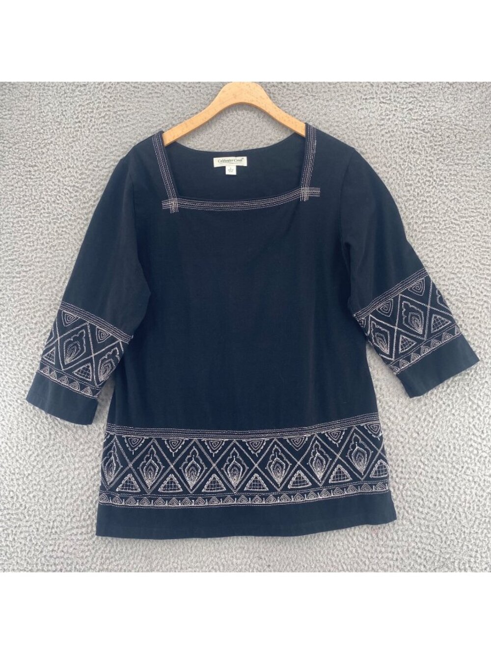 Coldwater Creek Top Womens Large Black Square Neck Tunic Embroidered 3/4 Sleeve*